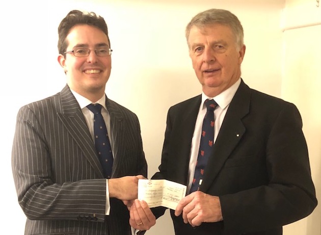 WB Rod Allen Presents cheque to Alexander Priest on behalf of South Somerset Mind